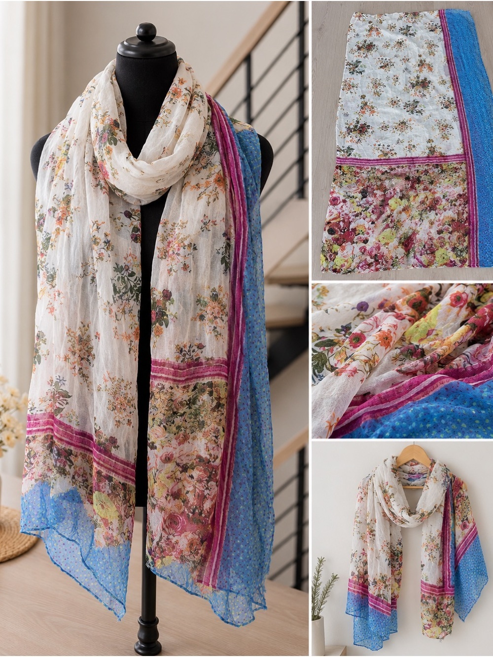 F&F Lightweight Floral Print Scarf in Blue and Pink